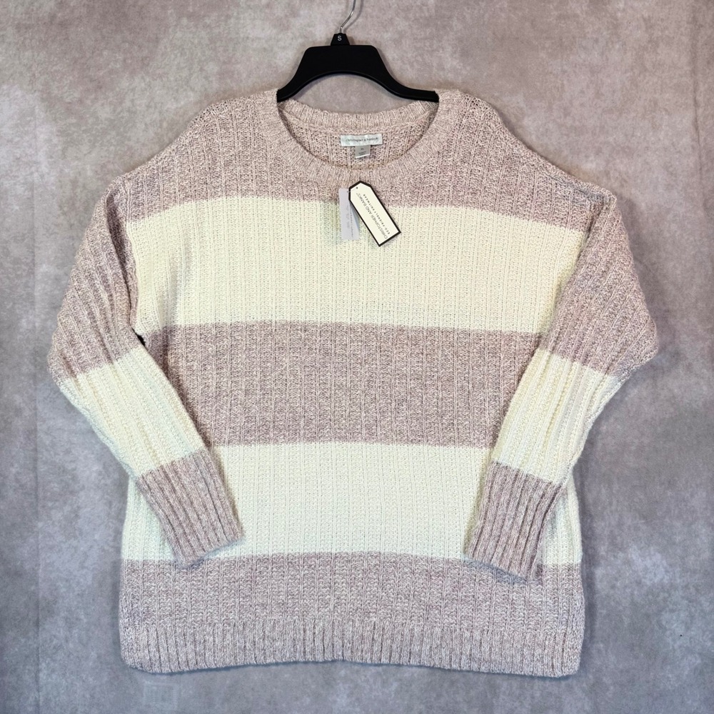 Christopher & Banks Sweater Women XL Pink Cream Striped Knit Cottage Grandma